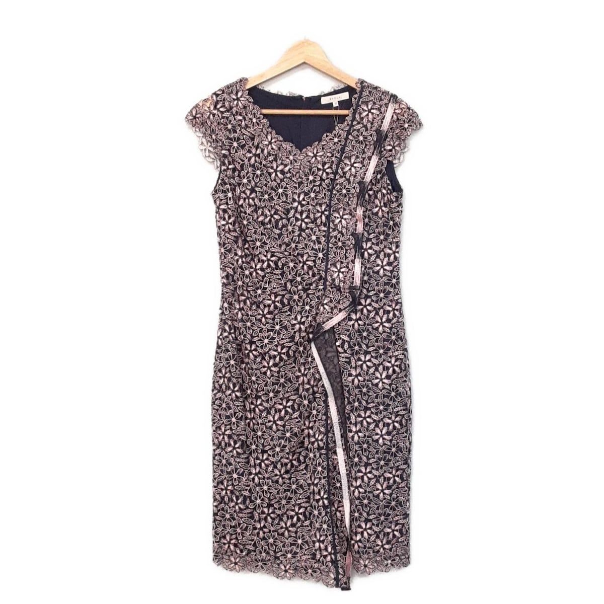 EPOCA エポカ ワンピース サイズ40 M レディース - ネイビー×ライトピンク 半袖 ひざ丈 レース 花柄