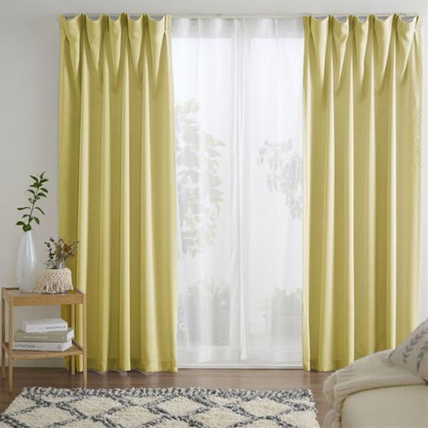 未使用/タッセル付　イエロー　カーテン 柄 無地 タッセル付 幅200 アジャスターフック付き 幅150 北欧 幅100