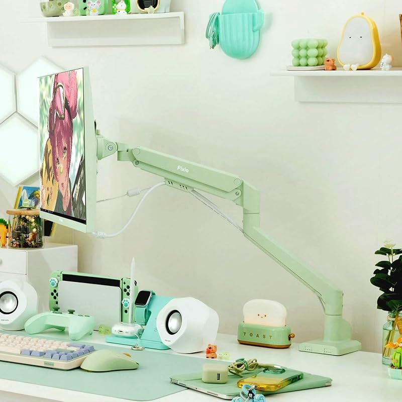 Pixio PS1S Wave Mint Green ミント グリーン モニターアーム シングル かわいい 上下 32インチ 24インチ 27インチ