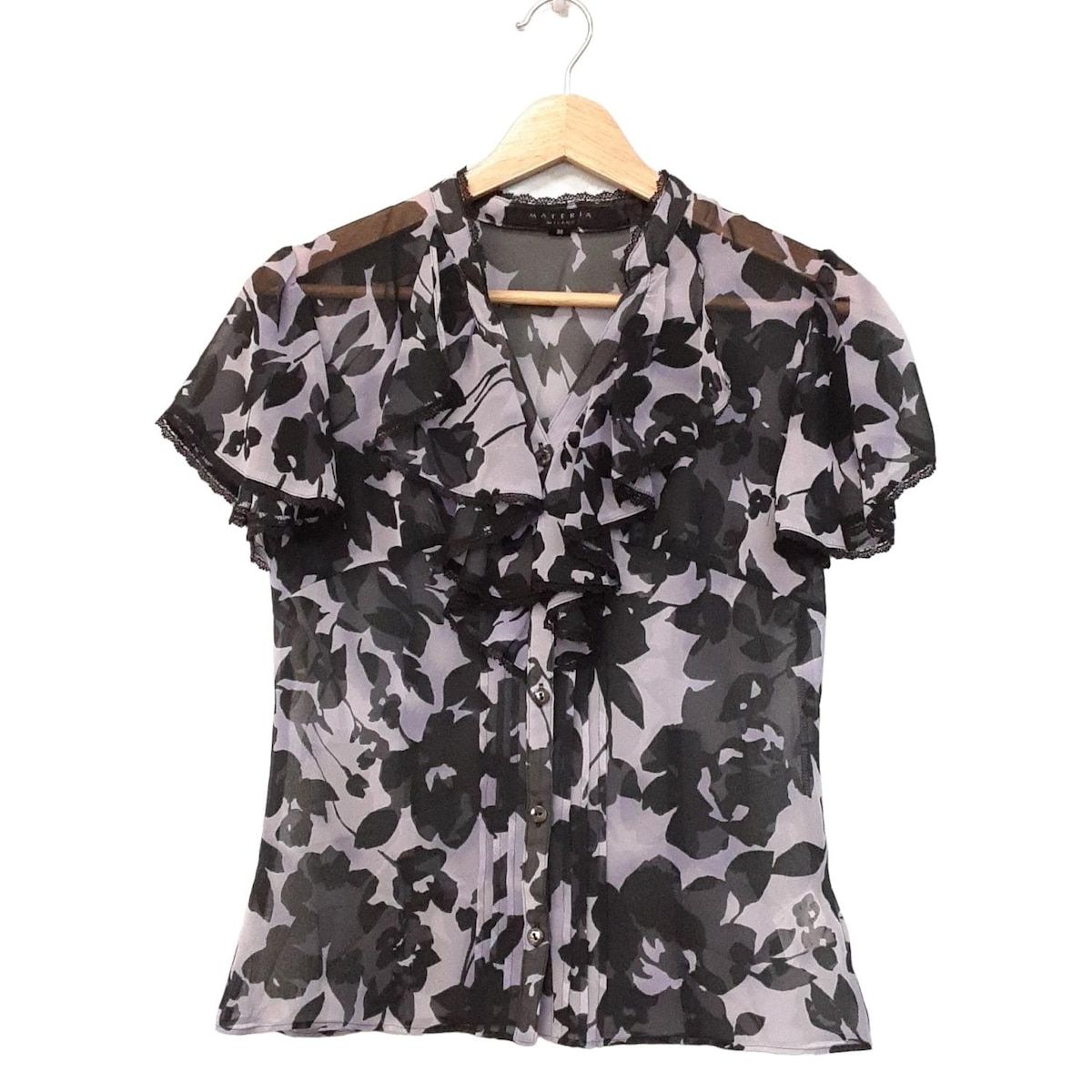 MATERIA マテリア 半袖シャツブラウス サイズ38 M レディース - 黒×ライトパープル 花柄 シースルー