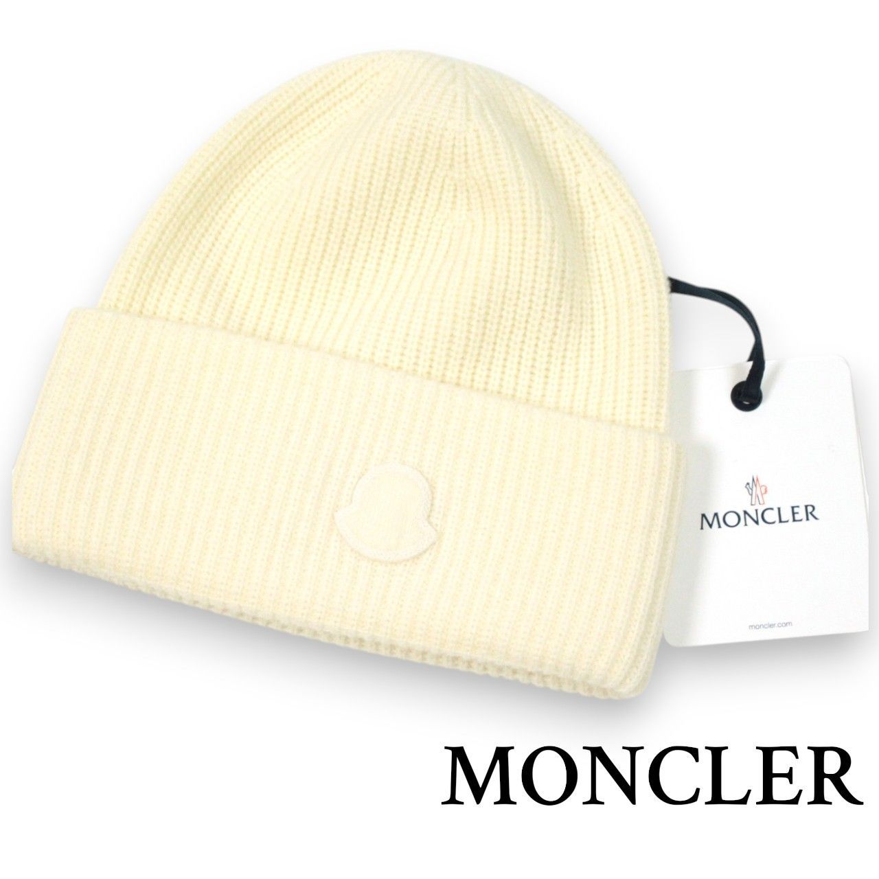 MONCLER ニットキャップ ウールカシミヤ ロゴ オフホワイト