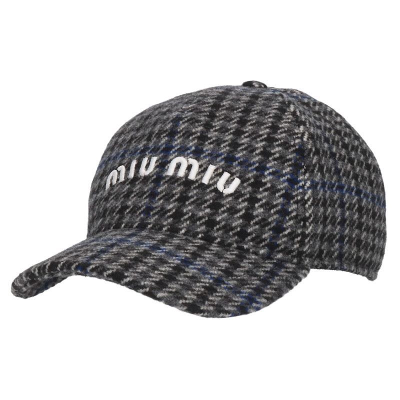 ミュウミュウ 5 HC 179 ロゴ刺繍チェックウールキャップ帽子 メンズ L