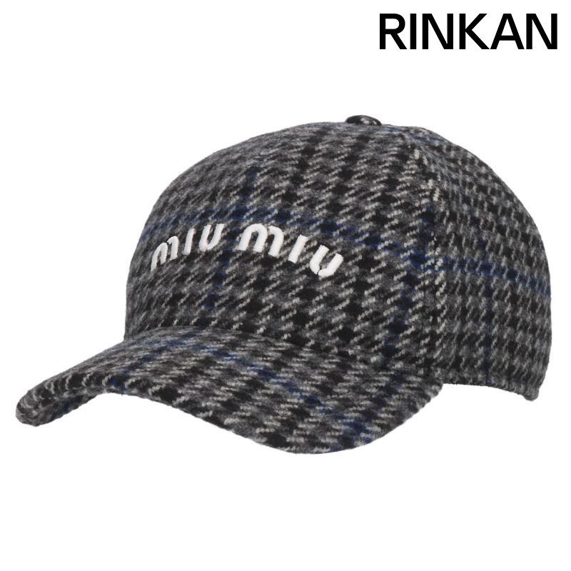 ミュウミュウ 5 HC 179 ロゴ刺繍チェックウールキャップ帽子 メンズ L