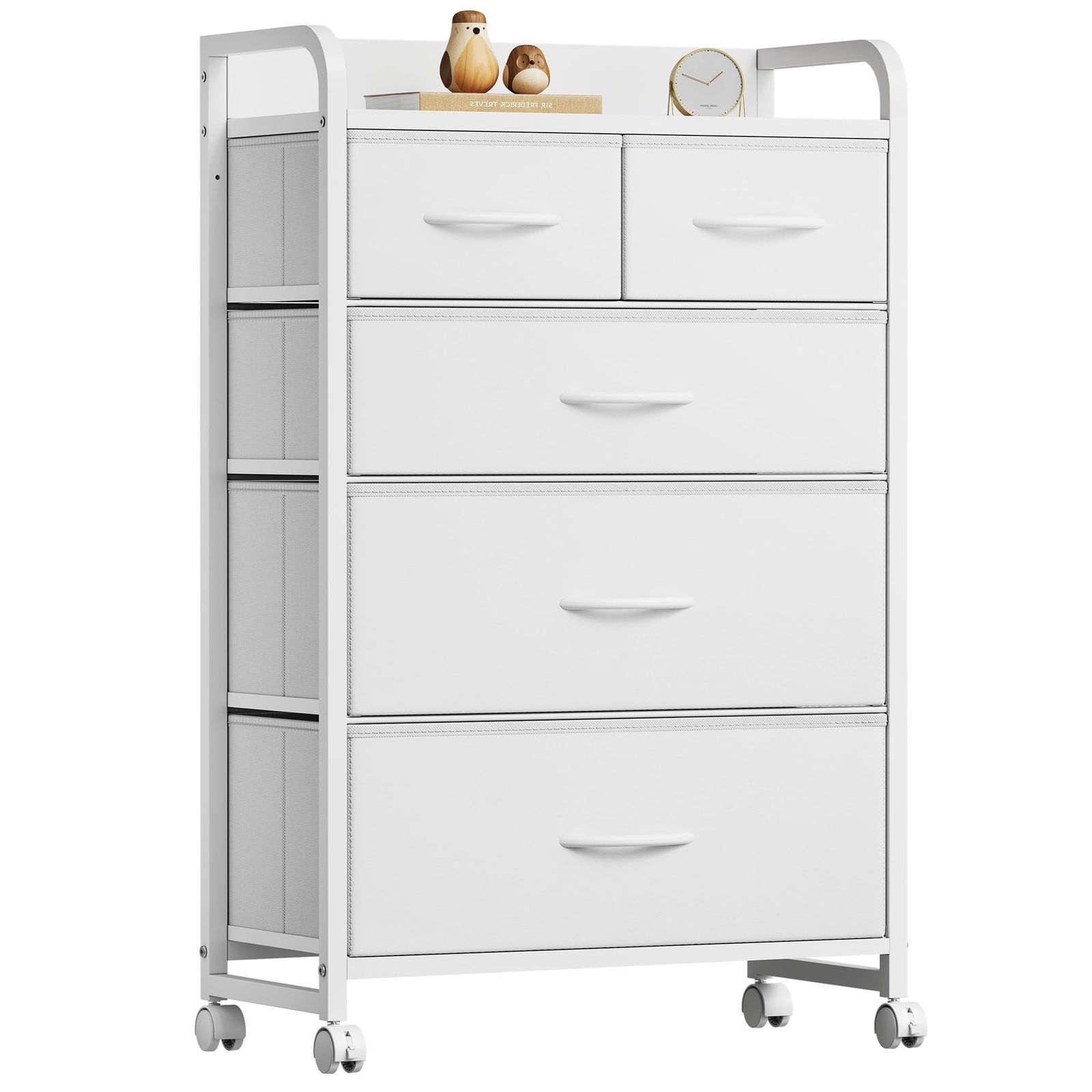YeTom タンス 収納 チェスト 洋服タンス ランドリーチェスト 脱衣所 収納 洋服収納 衣類収納 箪笥 リビング 収納 木製天板付き 和風 布製引き出し 転倒防止 安定感 ストッパー付きキャスター L55×W29×H97cm 4段5杯 白い