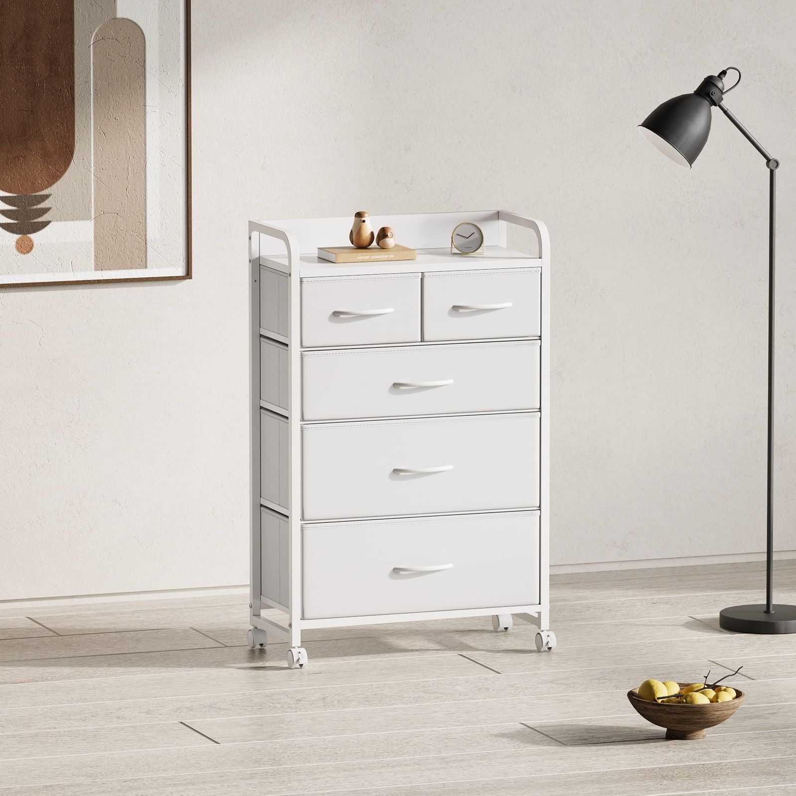 YeTom タンス 収納 チェスト 洋服タンス ランドリーチェスト 脱衣所 収納 洋服収納 衣類収納 箪笥 リビング 収納 木製天板付き 和風 布製引き出し 転倒防止 安定感 ストッパー付きキャスター L55×W29×H97cm 4段5杯 白い