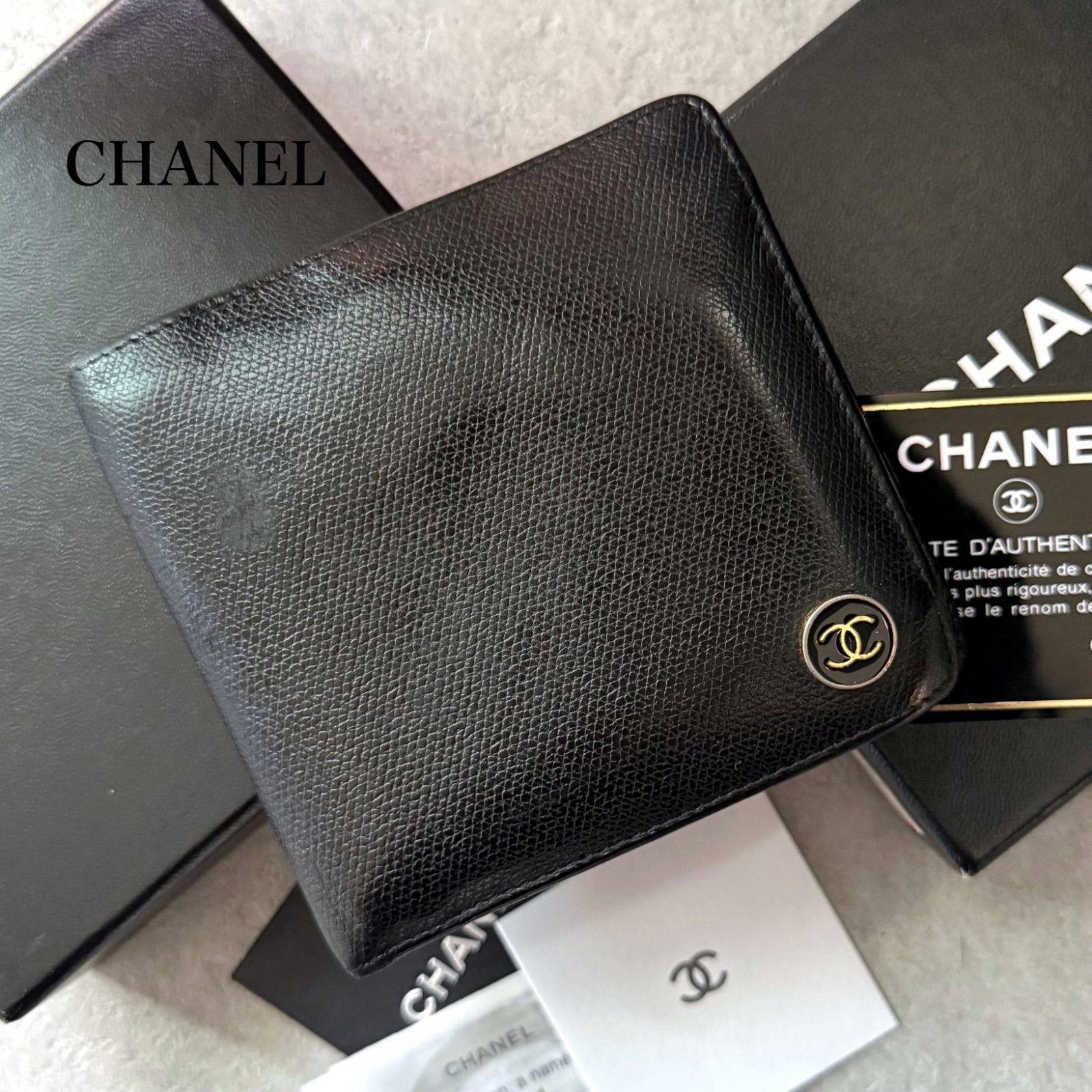 CHANEL シャネル ココボタン 二つ折り財布 レザー ブラック コンパクトウォレット メンズ 2つ折り財布