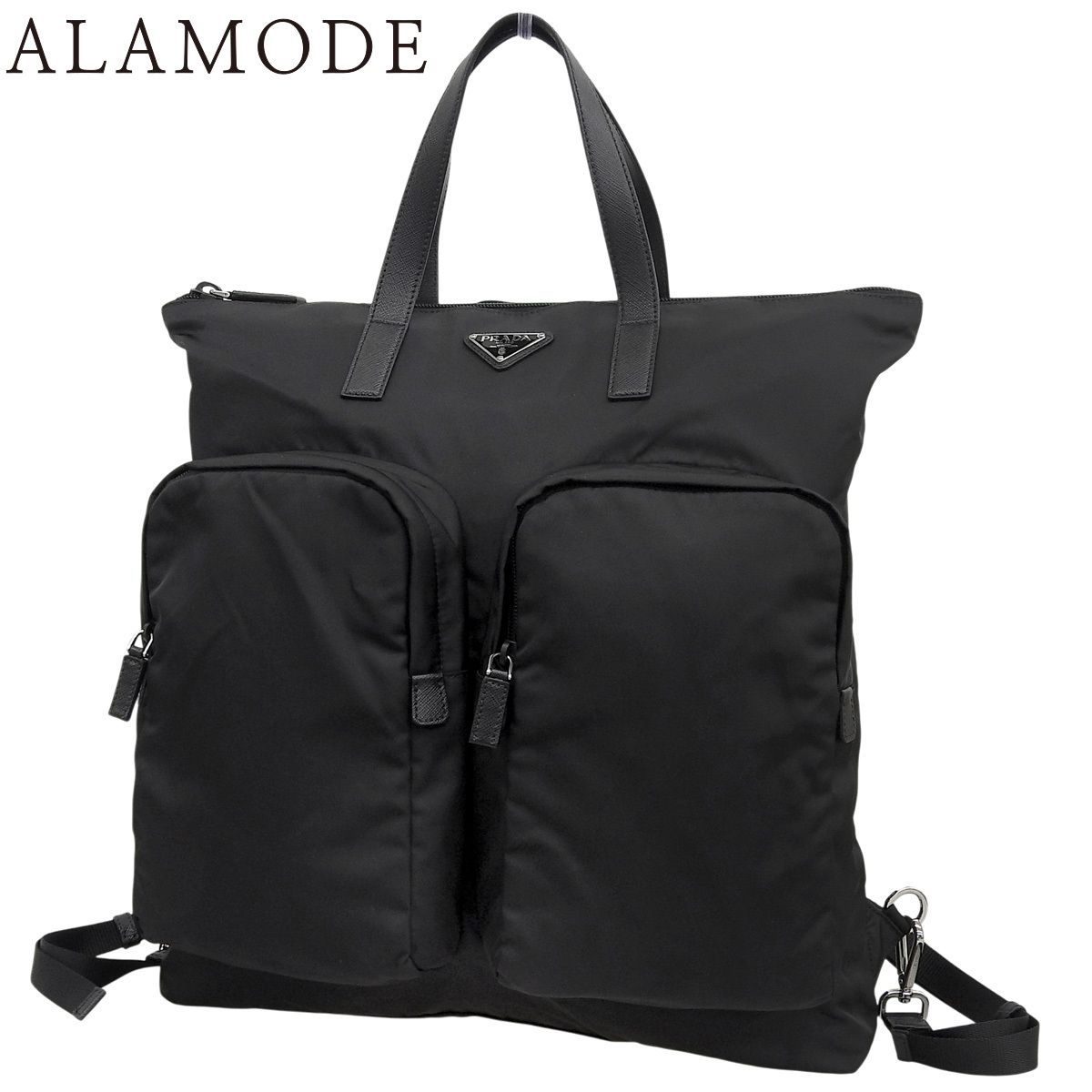 PRADA プラダ Re-Nylon 2way ショッピングバッグ トート バックパック リュックサック ナイロン サフィアーノレザー テスート NERO ネロ ブラック黒 シルバー金具 2VG053 メンズ 40802161694 アラモード