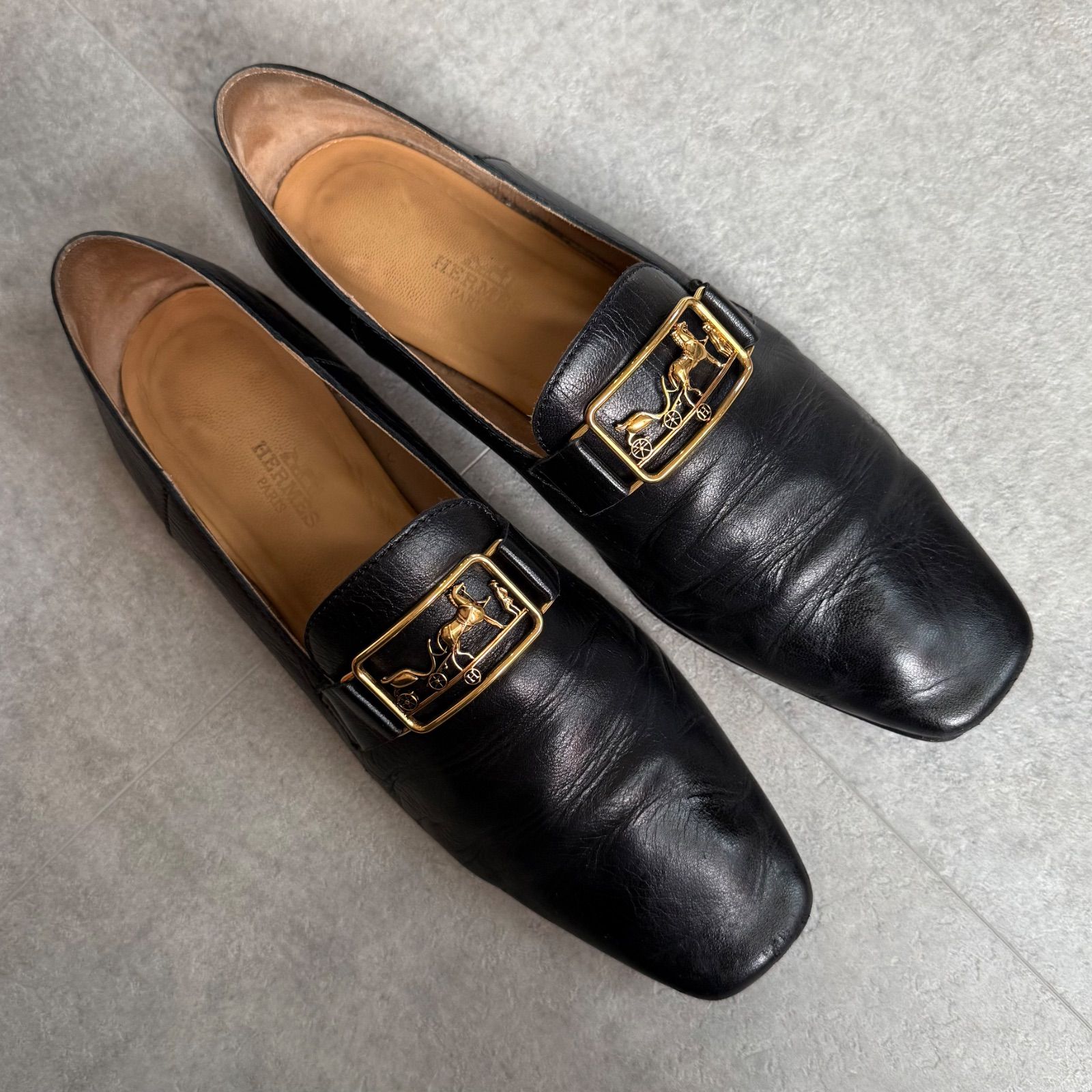 HERMES エルメス Time loafer タイム ローファー ホースキャリッジ 馬車金具 レザー スリッポン 36 1 2 23.5cm レディース ブラック 黒 ゴールド金具 靴