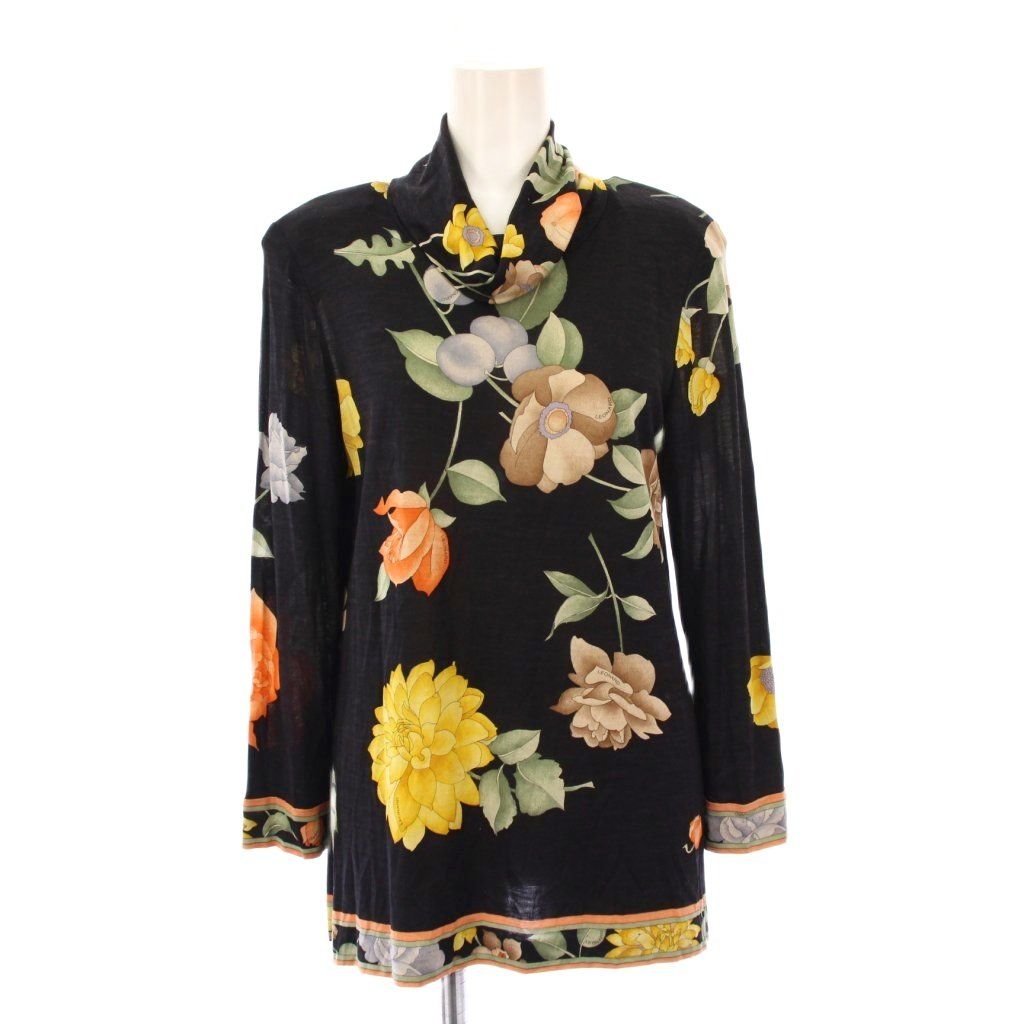 レオナール LEONARD FASHION カットソー 長袖 タートルネック ストレッチ ウール シルク混 花柄 M 黒 ブラック BB