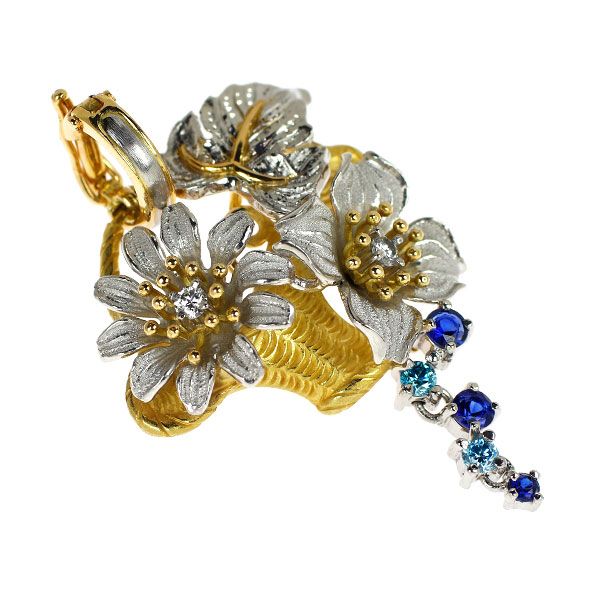 石川暢子 Pt900 K18YG サファイア レス トリートダイヤモンド ペンダントトップ 0.33ct D0.24ct アズタイム フラワー