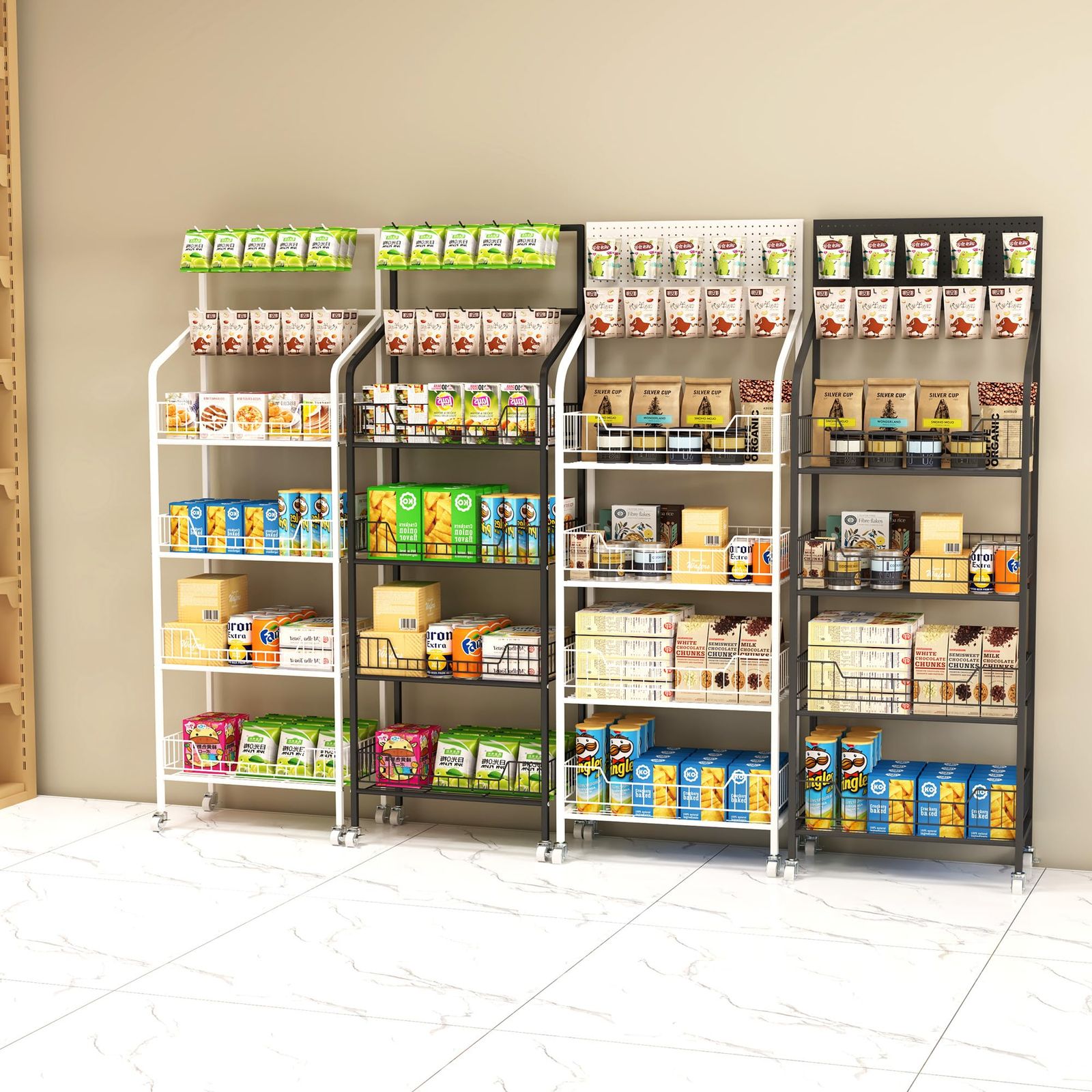 数量 Tcatec スーパーマーケットの陳列棚 商品ラック スーパーの棚 フック10個 4層 耐荷重200kgドリンク 小さな食べ物 おもちゃ 収納ラック 壁に向かって 薬局用 台所 コンビニ ヘビーデューティ ホイールとフック10個付き 鉄骨 MARWIL-DEMENAGEMENTS_CH