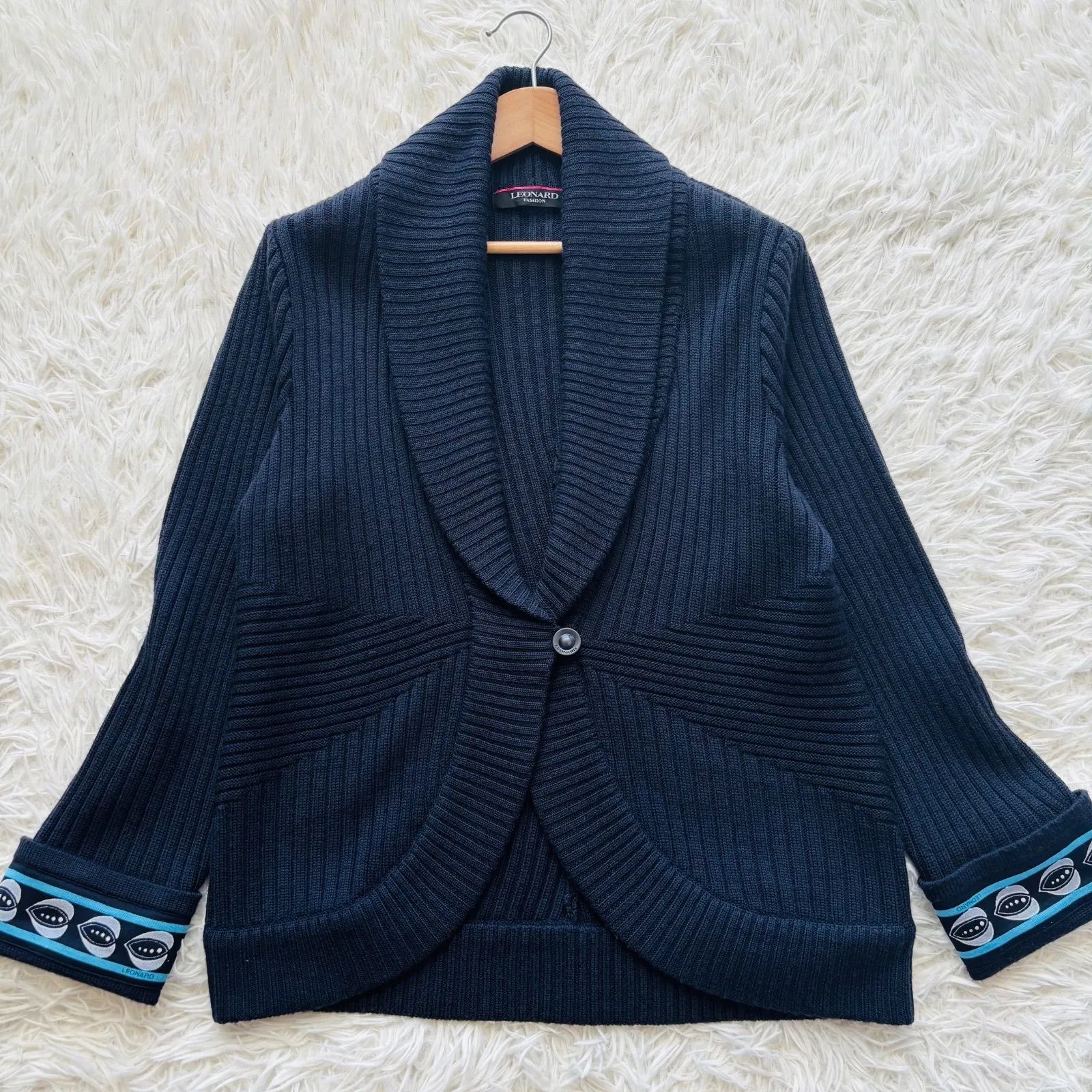 レオナール ショール カーディガン ニット ウール シルク混 羽織り ブラック 大きいサイズLL トリム 縁取り LEONARD