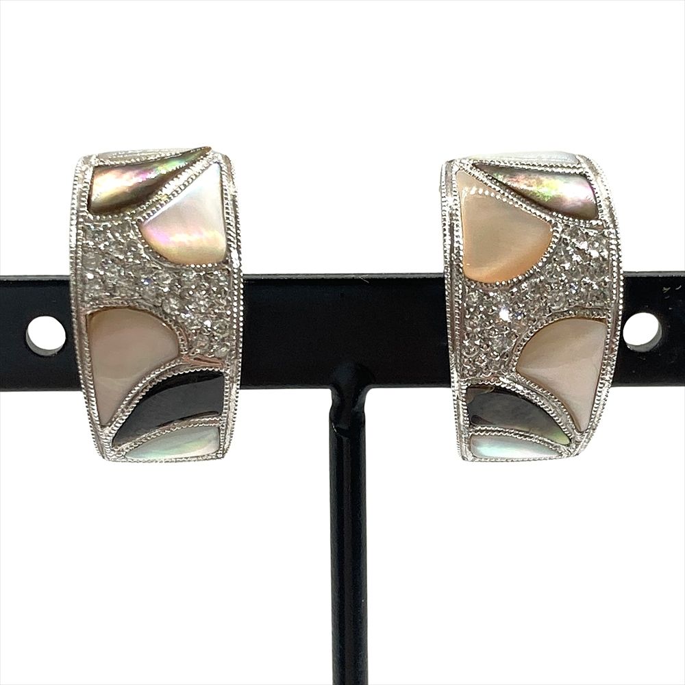 デザイン フープ イヤリング ダイヤモンド 0.02ct K18WG 8.1g MOP ホワイトゴールド ピアス 両用 2WAY レディース