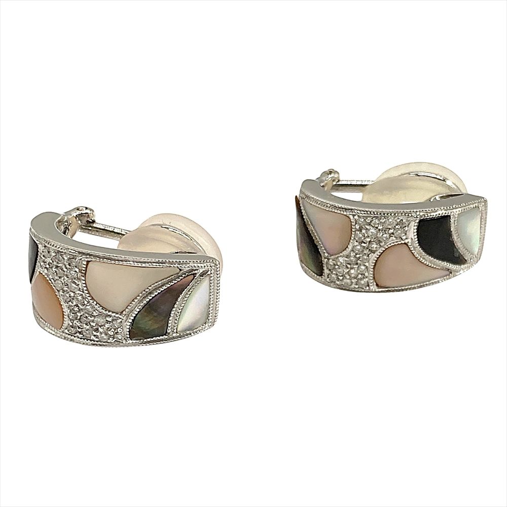 デザイン フープ イヤリング ダイヤモンド 0.02ct K18WG 8.1g MOP ホワイトゴールド ピアス 両用 2WAY レディース