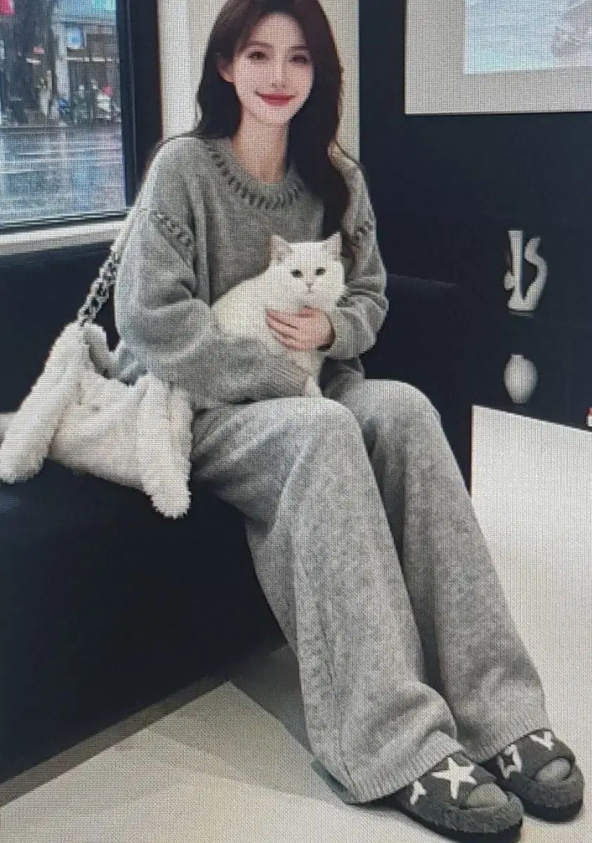 海外配送 ニット 上下セット グレー