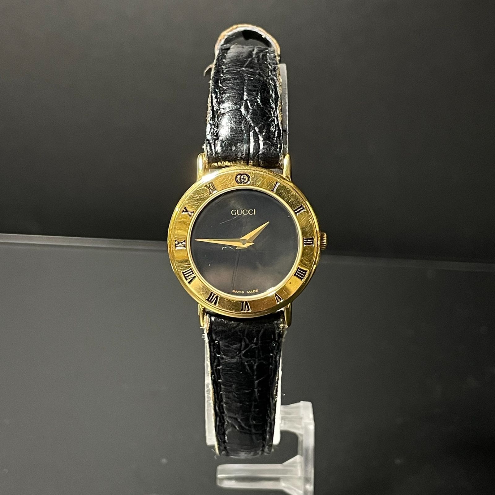 グッチ クォーツ 時計 稼働 GP 革 ブラック