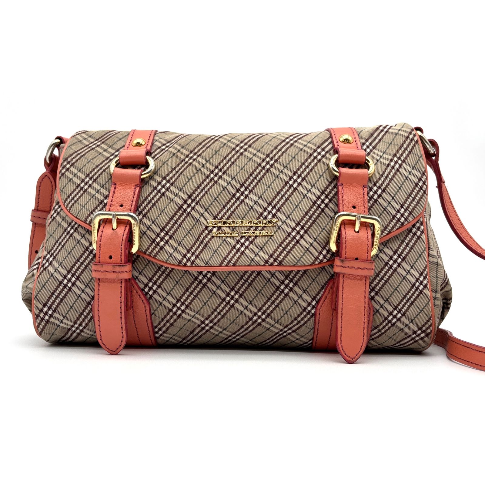 BURBERRY BLUE LABEL バーバリーブルーレーベル ショルダーバッグ ブルーレーベルチェック ロゴ金具 レディース 斜めがけ ベージュ ピンク キャンバス レザー ゴールド金具 三陽商会