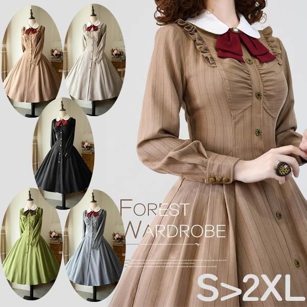 ロリータ ワンピース レディース ロング lolita フ スカート イギリス風 大人 ブラウン ブラック グリーン ベージュ グレー