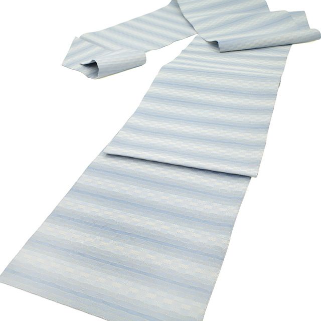 新古品 名古屋帯 正絹 八寸 全通 水色 白 市松霞段文 金糸 松葉仕立て セミフォーマル カジュアル なごや帯 春 秋 冬 仕立て上がり みやがわ sb54670