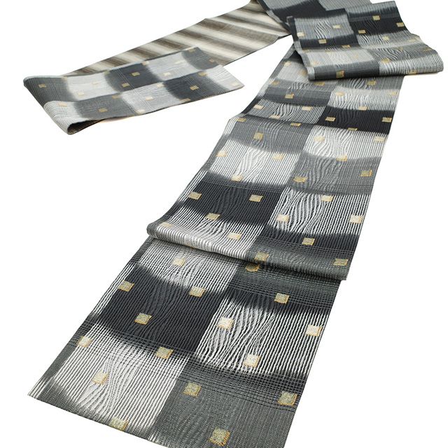 新古品 袋帯 正絹 京都 西陣 本泥染 金箔糸 金糸 黒 グレー オフホワイト 変わり市松 スクエア カジュアル 春 秋 冬 仕立て上がり みやがわ sb54669