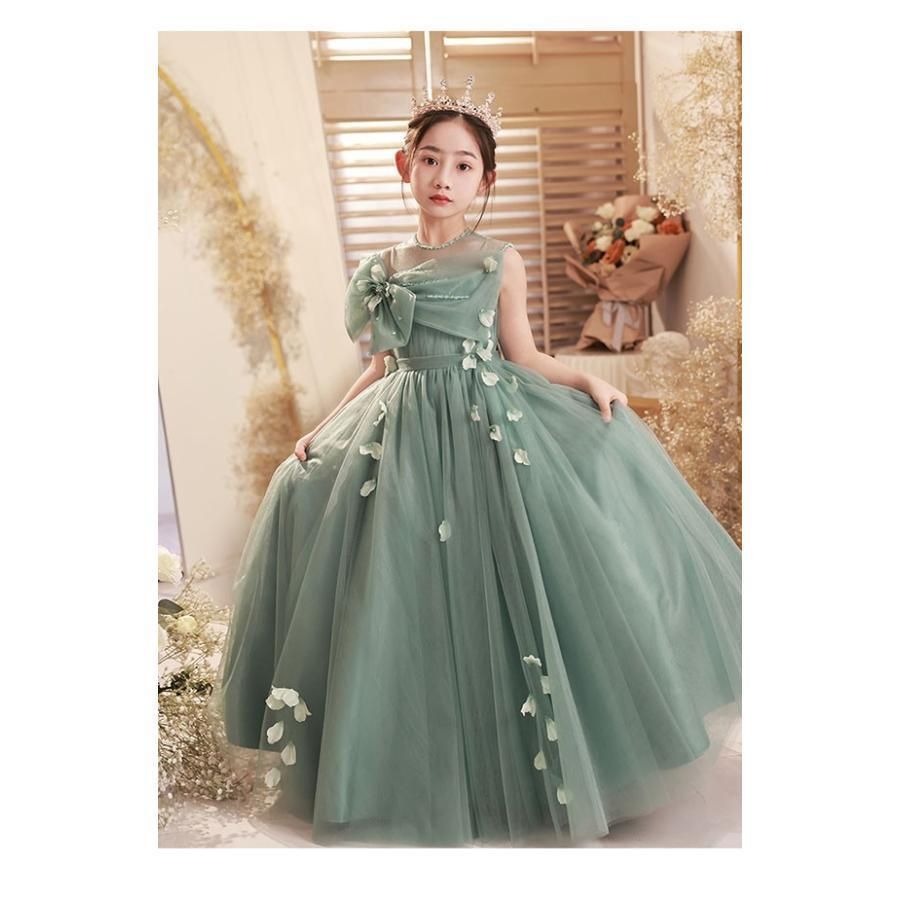 子供ドレス グリーン ワンピース 花柄 ロングドレス ピアノ発表会 子供 ドレス チュール ノースリーブ 女の子 WWW_SMP1DAWEKUDUS_SCH_ID
