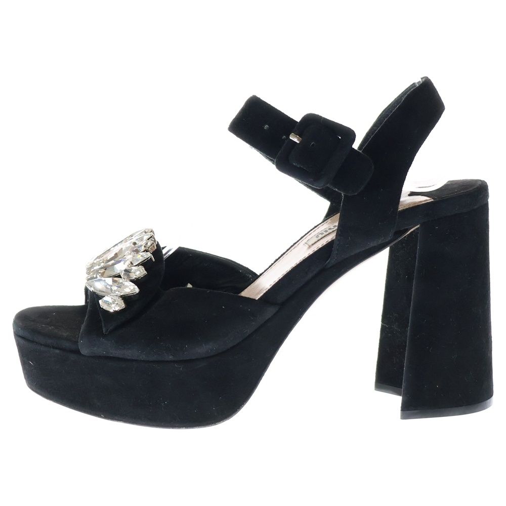 miumiu (ミュウミュウ) スウェードレザー クリスタル ビジュー装飾 ストラップ ヒール サンダル シューズ ブラック レディース