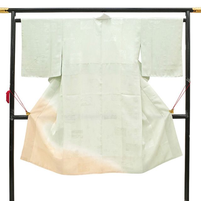 新古品 長襦袢 襦袢 正絹 袷 寿光織 絵羽 薄緑 淡オレンジ ぼかし 地紋 東海道五拾五選 東海道三次 安藤広重 さが美扱い フォーマル ~ カジュアル 春 秋 冬 仕立て上がり 身丈125 裄丈64.5 Mサイズ みやがわ sb16567