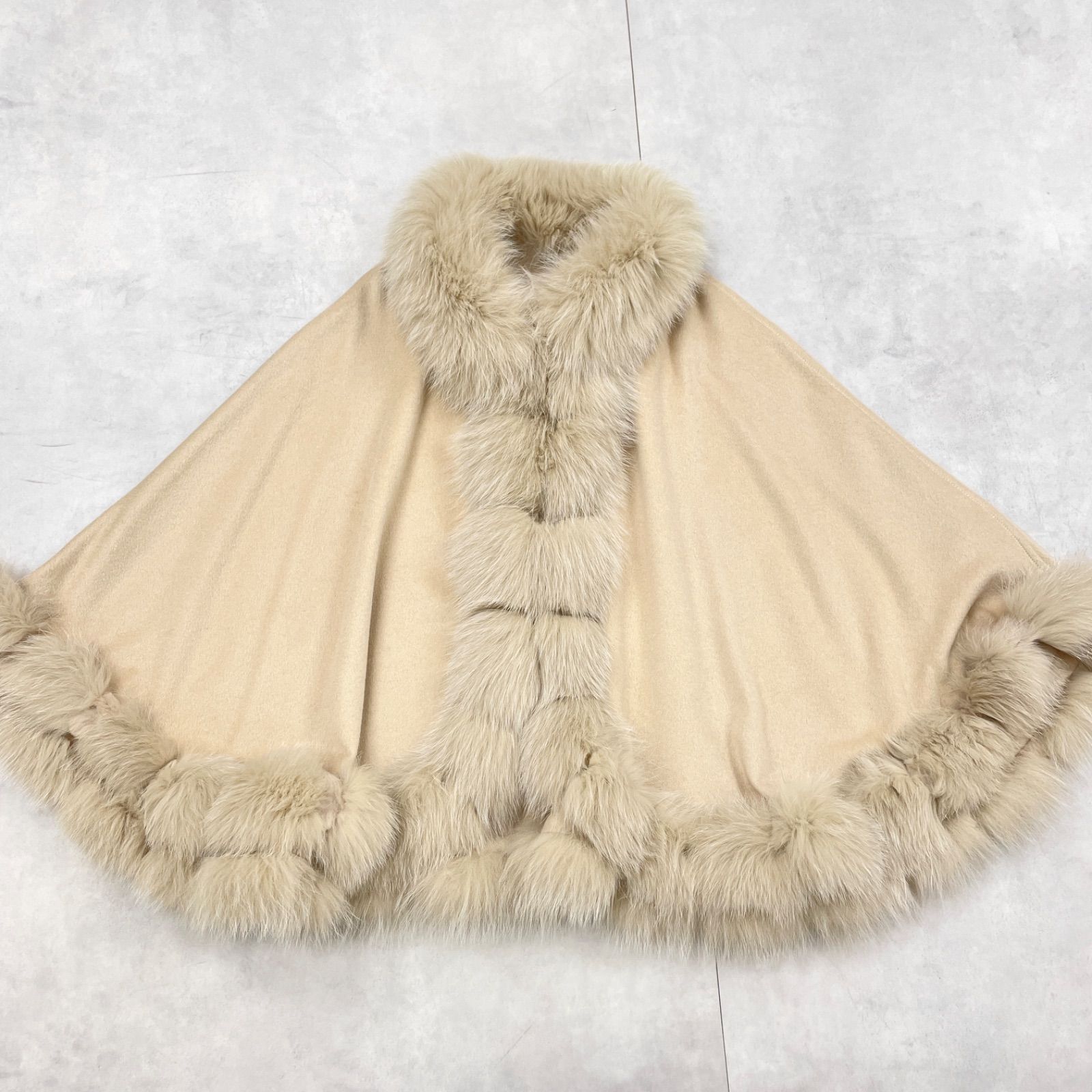 SAGA FURS サガファー ポンチョ ケープ カシミヤ フォックスファー キャメル ベージュ レディース