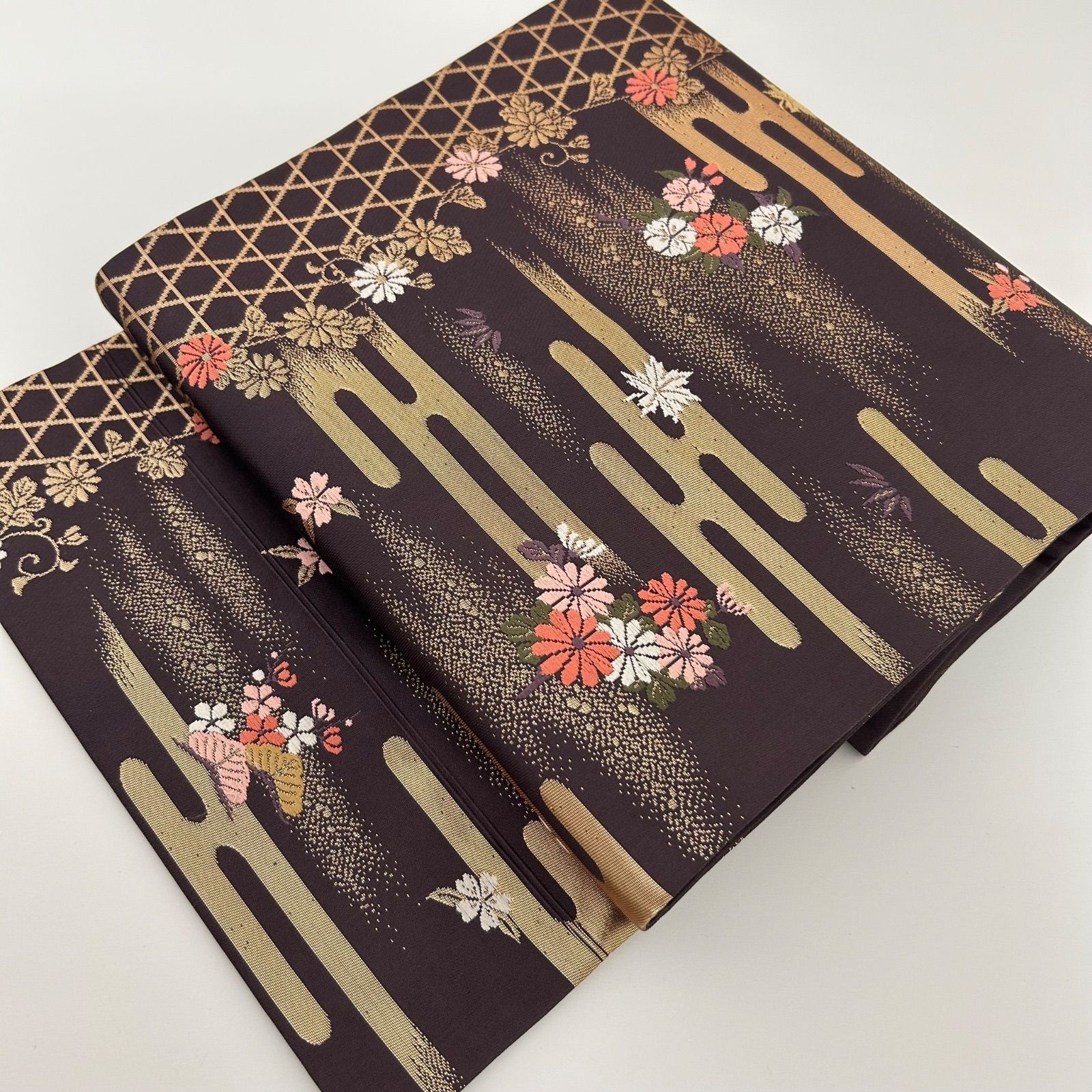 名古屋帯　花唐草　正絹 オンラインカタログ]名古屋帯 手挿し京友禅 正絹 唐花 唐草 更紗 黒