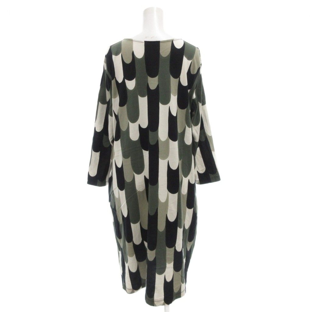 マリメッコ marimekko ワンピース 長袖 ひざ丈 M カーキ 黒 ブラック 総柄 GV GY19