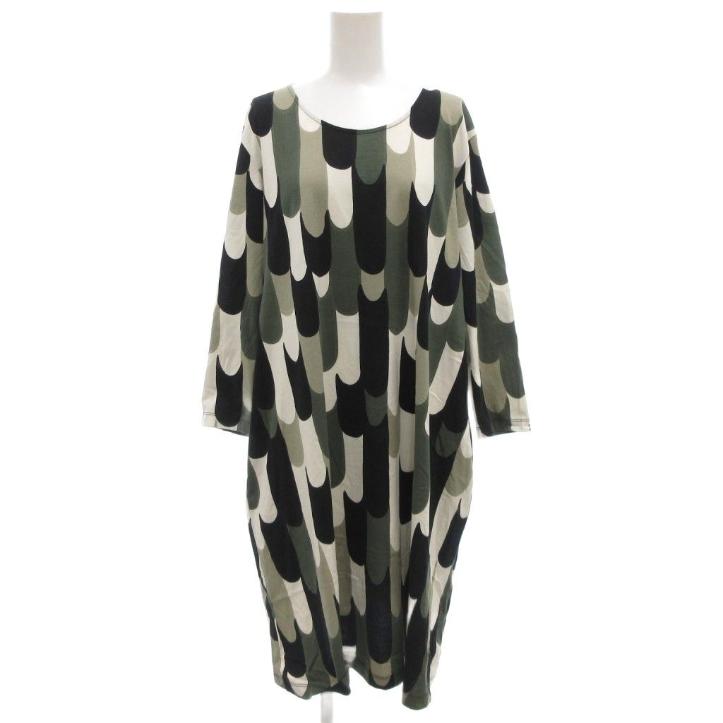 マリメッコ marimekko ワンピース 長袖 ひざ丈 M カーキ 黒 ブラック 総柄 GV GY19