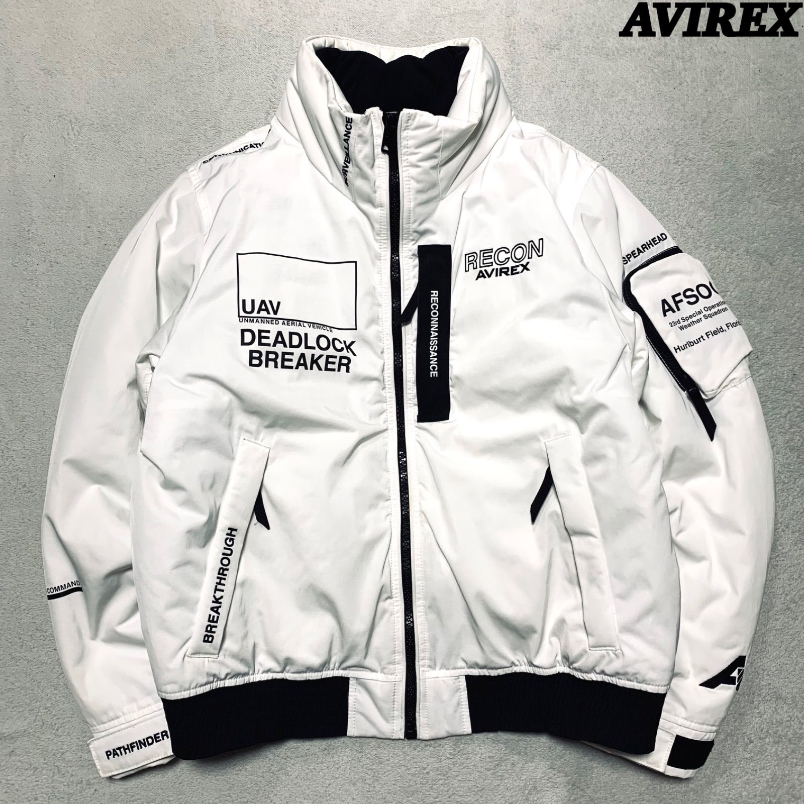 AVIREX FLIGHT JACKET WEATHER WATCHER フライトジャケット ミリタリージャケット 中綿ダウンジャケット ウェザーウォッチャー RECON リーコン ロゴ刺繍 2WAY XLサイズ ホワイト 白 アヴィレックス