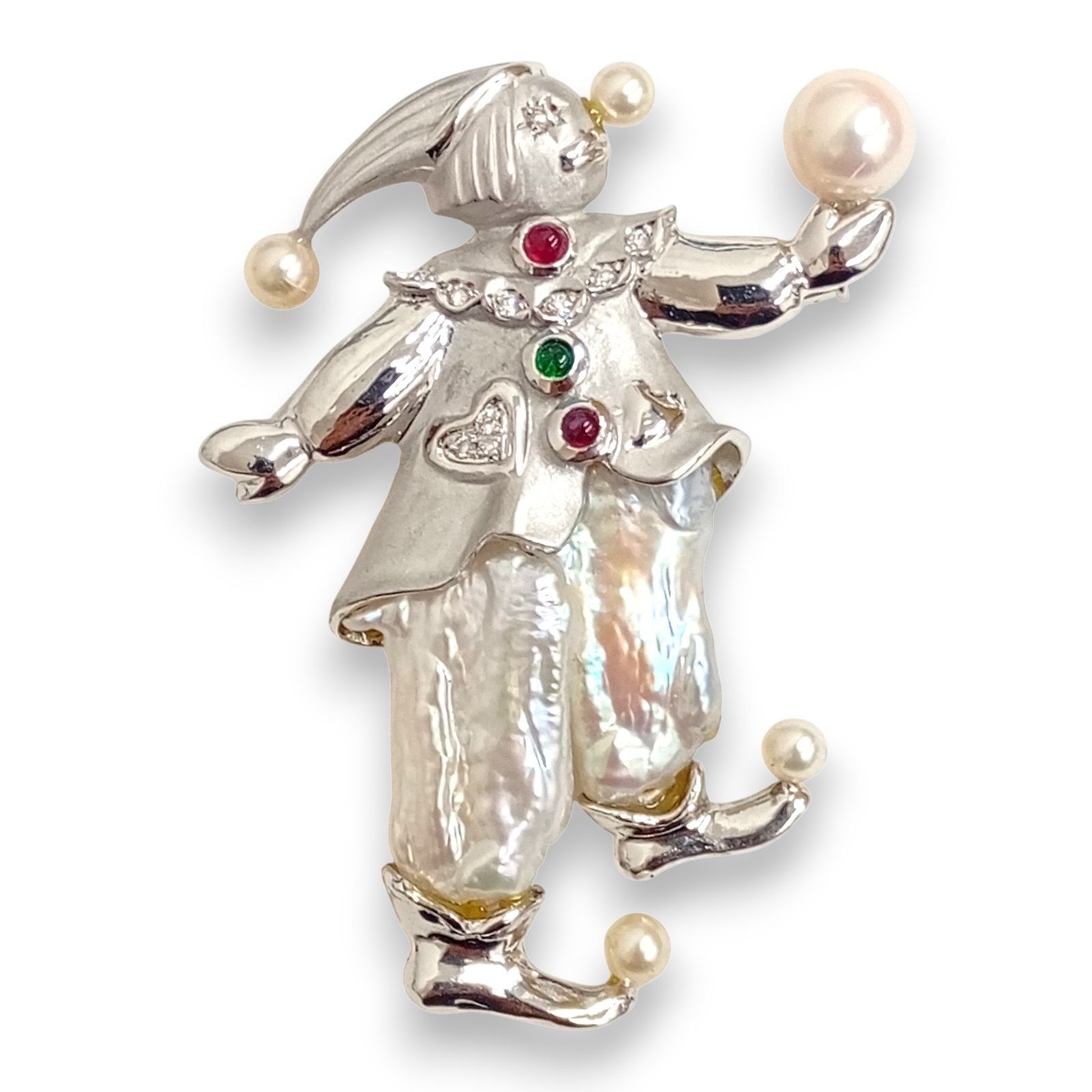 K18WG メレD0.1ct ルビー エメラルド0.25ct付 バロックパール ブローチ トップ 16.63g デザイナーズ ジュエリー ピエロ サーカス JA-25058