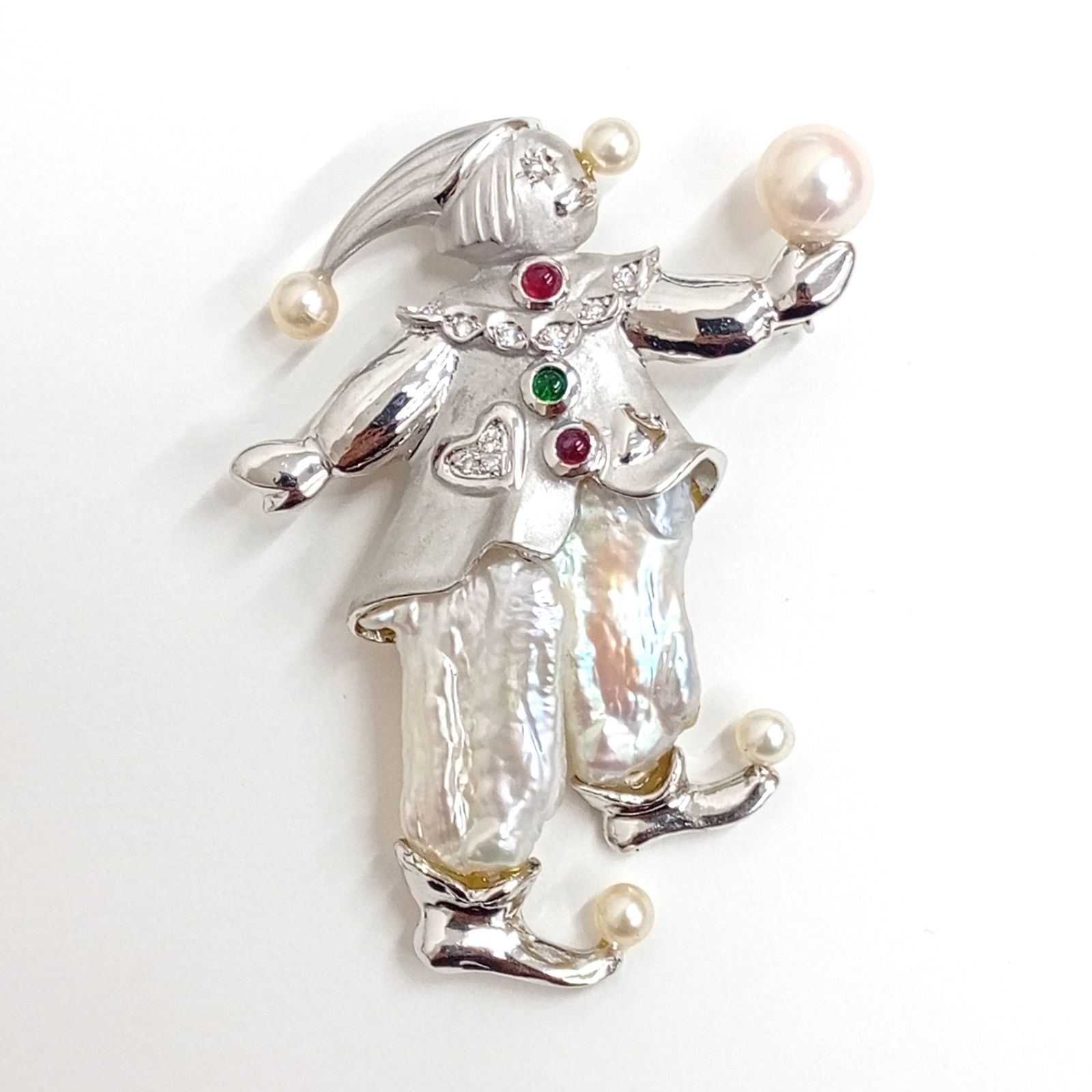 K18WG メレD0.1ct ルビー エメラルド0.25ct付 バロックパール ブローチ トップ 16.63g デザイナーズ ジュエリー ピエロ サーカス JA-25058