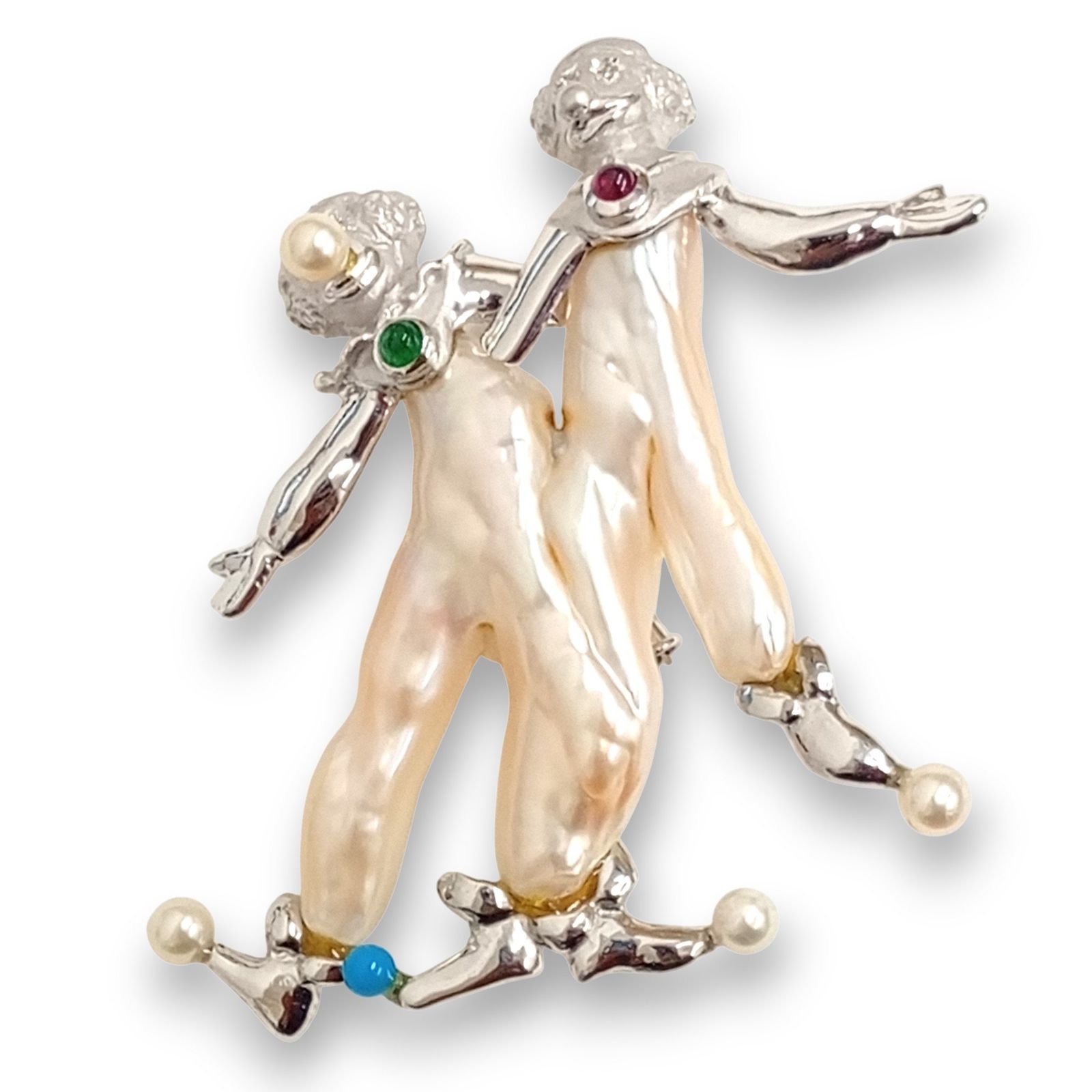 K18WG メレD0.07ct ルビー エメラルド約0.19ct パールct不明 ブローチ トップ 22.50g ピエロ サーカス デザイナーズ ジュエリー JA-25052