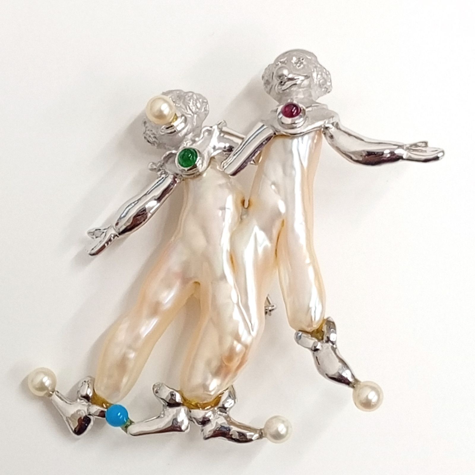 K18WG メレD0.07ct ルビー エメラルド約0.19ct パールct不明 ブローチ トップ 22.50g ピエロ サーカス デザイナーズ ジュエリー JA-25052