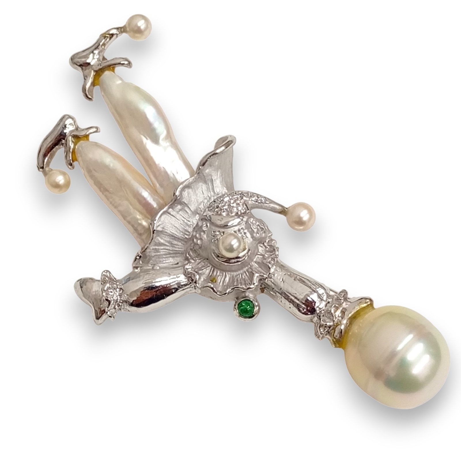 K18WG メレD0.1ct エメラルド0.11ct パールct不明 ブローチ トップ 24.47g バロックパール デザイナーズ ジュエリー JA-25057