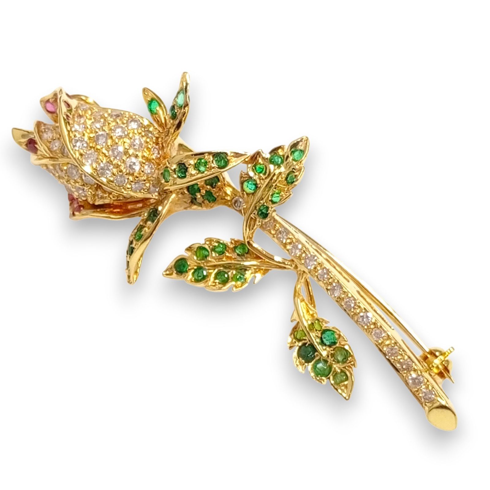 K18 バラモチーフ メレD エメラルド ルビーct不明 9.42g デザイナーズ ジュエリー ブローチ トップ ゴールド GOLD JA-25054