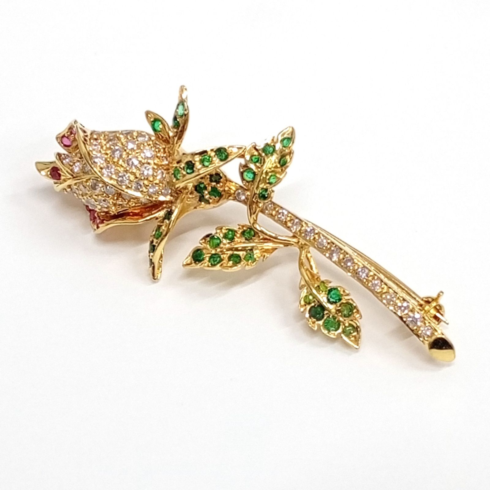 K18 バラモチーフ メレD エメラルド ルビーct不明 9.42g デザイナーズ ジュエリー ブローチ トップ ゴールド GOLD JA-25054