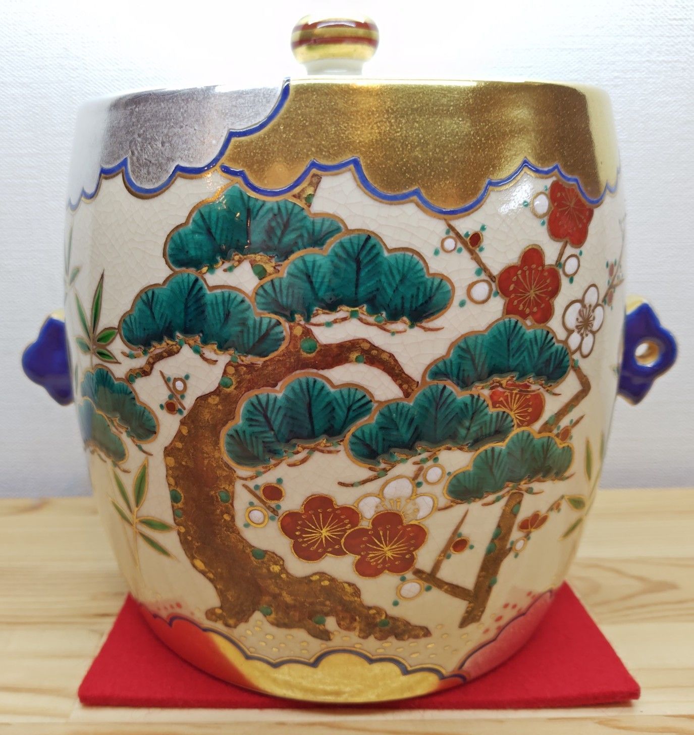 逢絢亭 茶道具 水指 京焼 色絵 仁清写 松竹梅の絵 小野山照雲 共箱入り