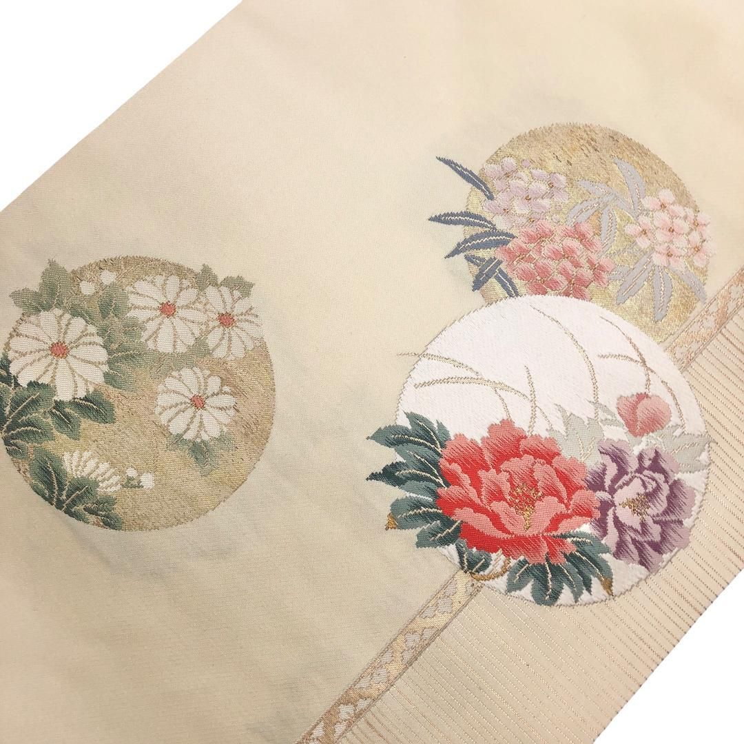 名古屋帯 丸に花模様 薄卵色 金糸 O-5654 名古屋帯 丸に花模様 薄卵色 金糸 O-5654 - メルカリ