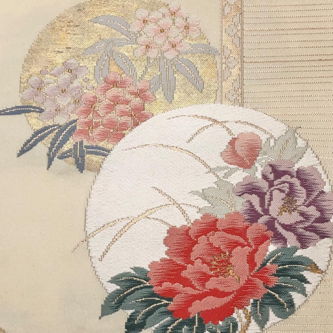 名古屋帯 丸に花模様 薄卵色 金糸 O-5654 名古屋帯 丸に花模様 薄卵色 金糸 O-5654 - メルカリ
