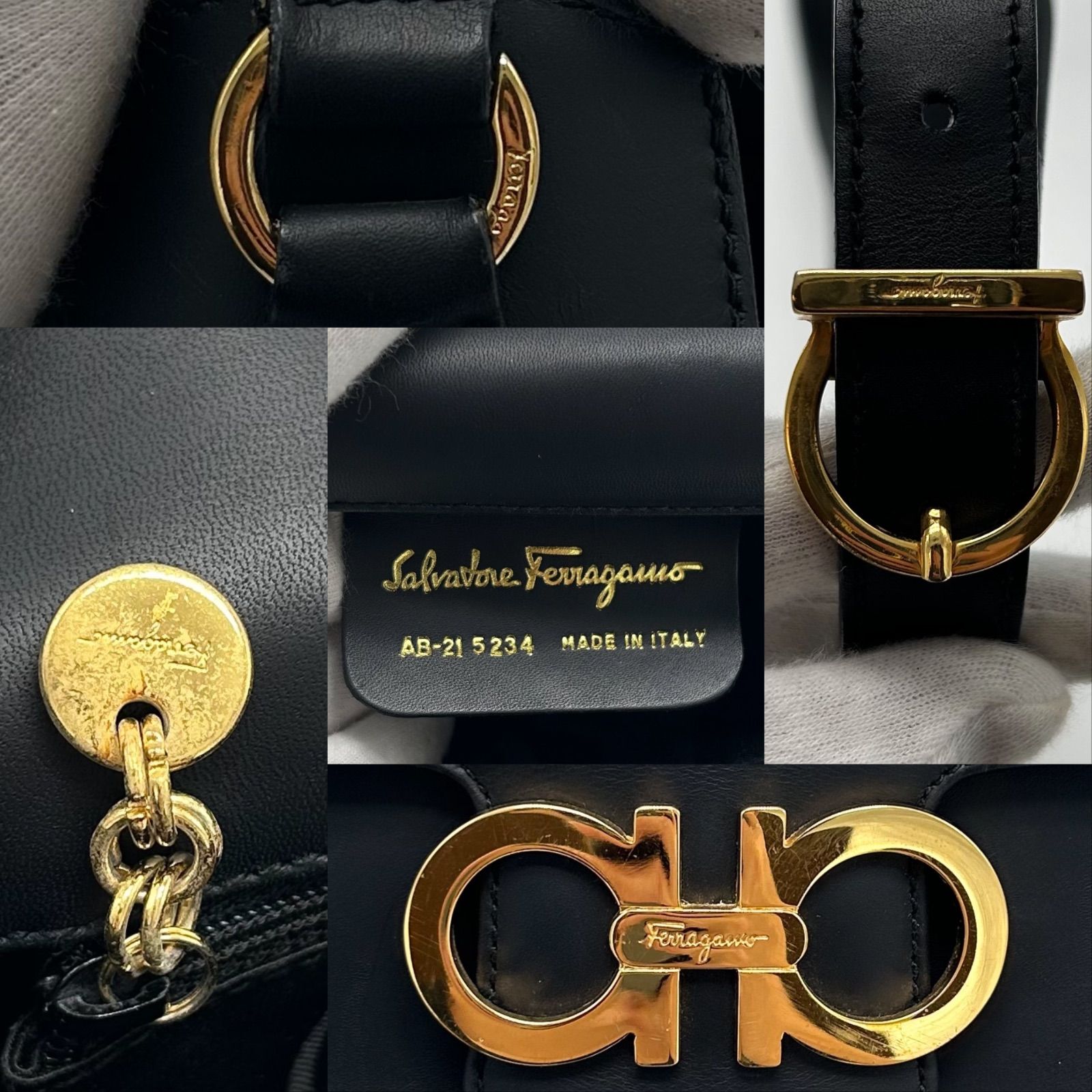 Salvatore Ferragamo フェラガモ ダブルガンチーニ ショルダーバッグ 肩掛け 斜めがけ ゴールド金具 レザー ブラック メンズ レディース ユニセックス DECORATOM_COM_BR