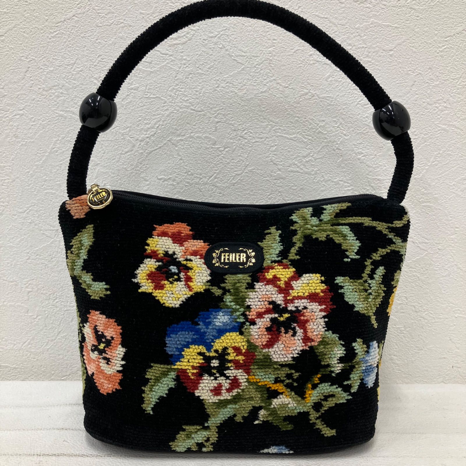 【超希少】FEILER　フェイラー　リュック　バッグ 花柄　シュニール織 レザー FEILER フェイラー ワンショルダーバッグ 黒 花柄 シュニール織 バッグ
