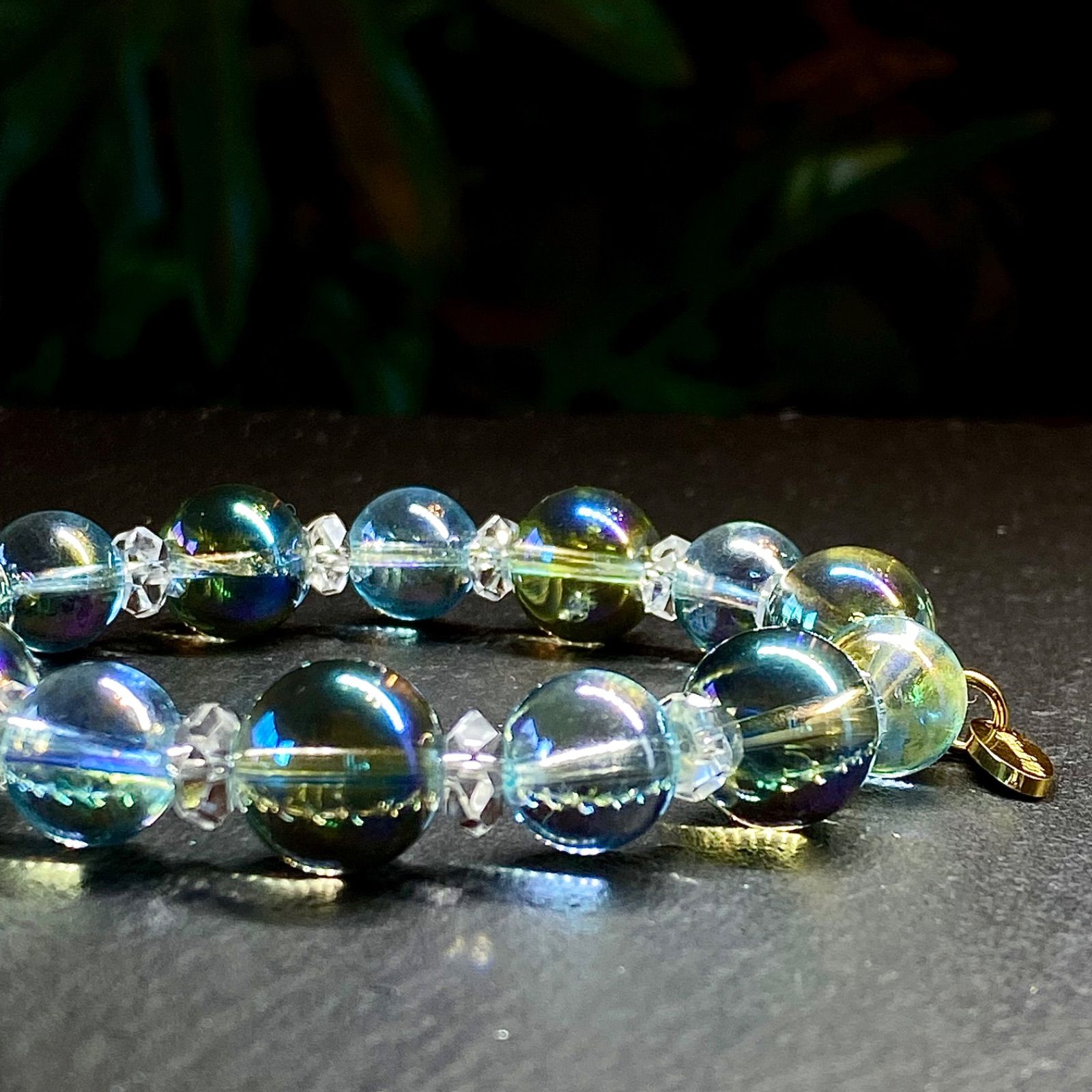 グリーンオーラ - ペールブルー オーラクォーツ光波動ブレスレット 約14.5㎝