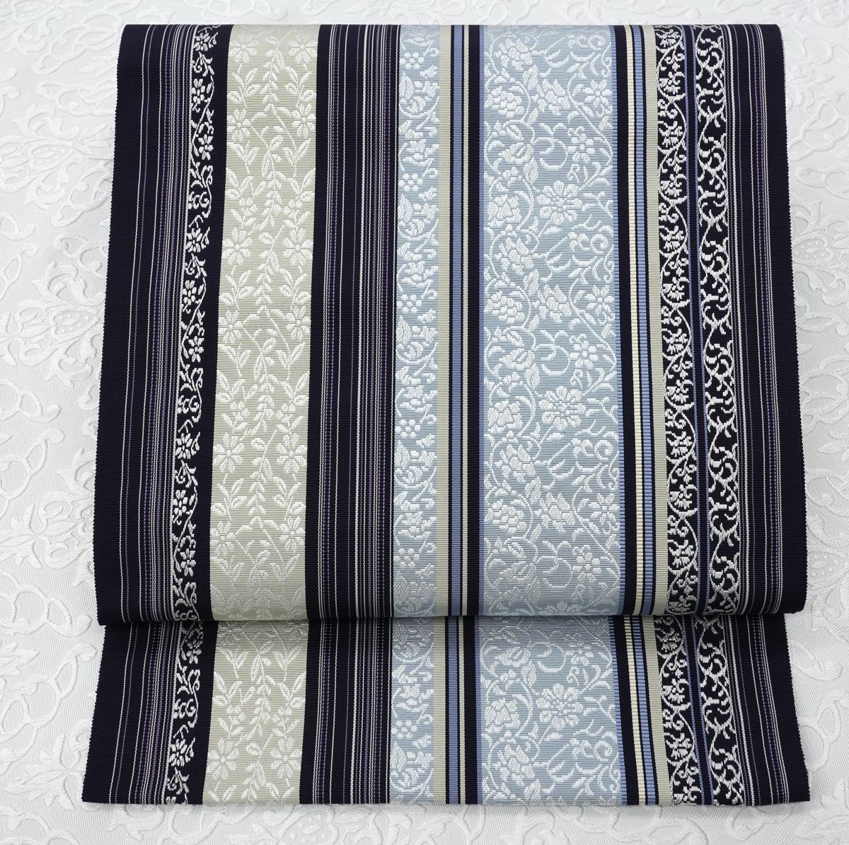 未仕立 博多帯 黒木織物 八寸 名古屋帯 小花更紗柄 濃紺地 仕立代込