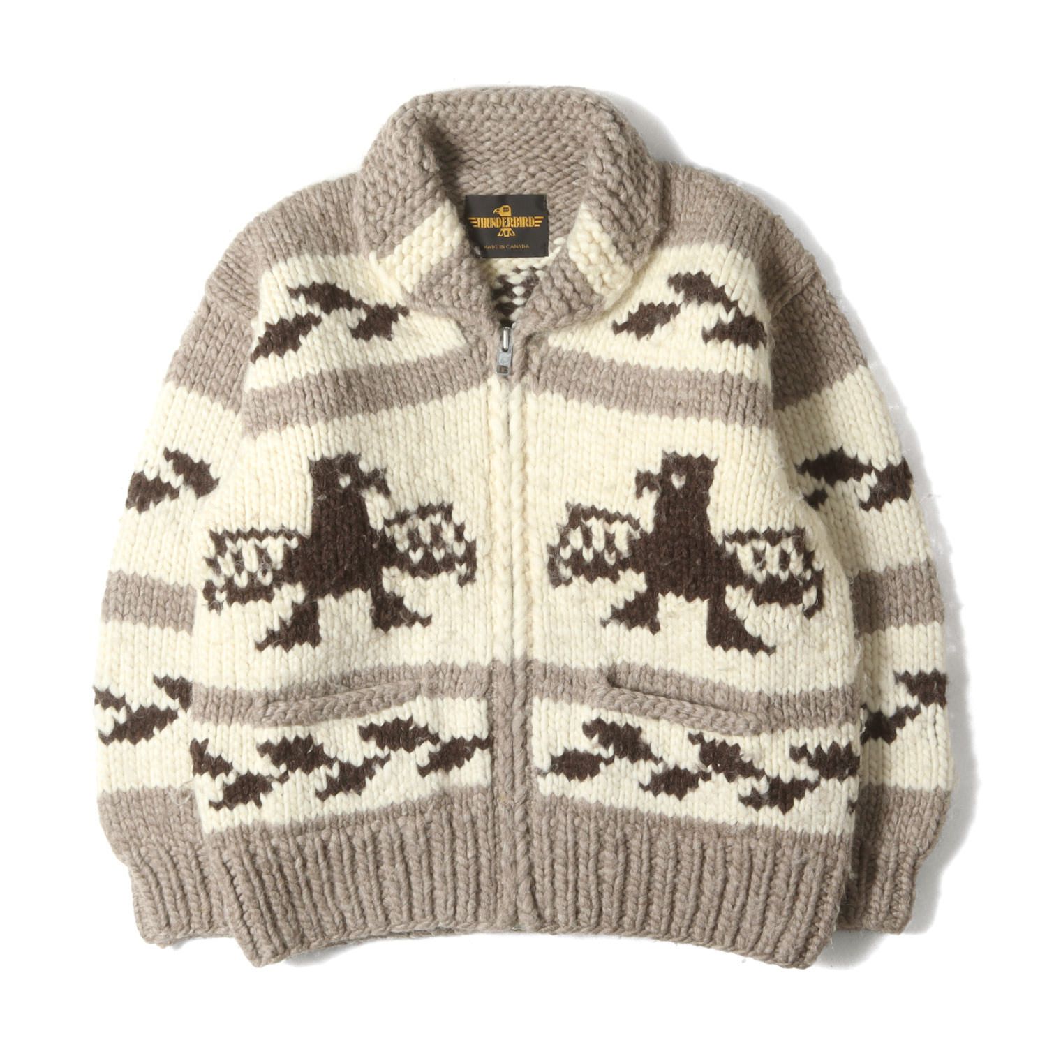 THUNDERBIRD サンダーバード モカ アイボリー サイズ L程度 フルジップ カウチンニット カナダ製 トップス セーター カーディガン メンズ