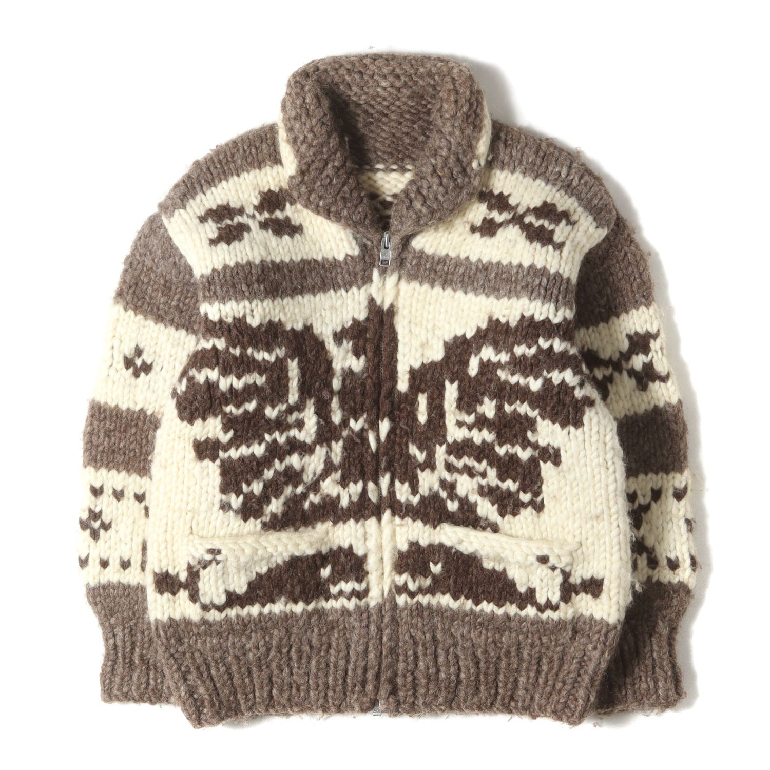 90 s - 00 ヴィンテージ古着 モカ オフホワイト サイズ L程度 YKKジッパー サンダーバード柄 フルジップ カウチンニット 90年代 古着 ヴィンテージ トップス セーター カーディガン メンズ