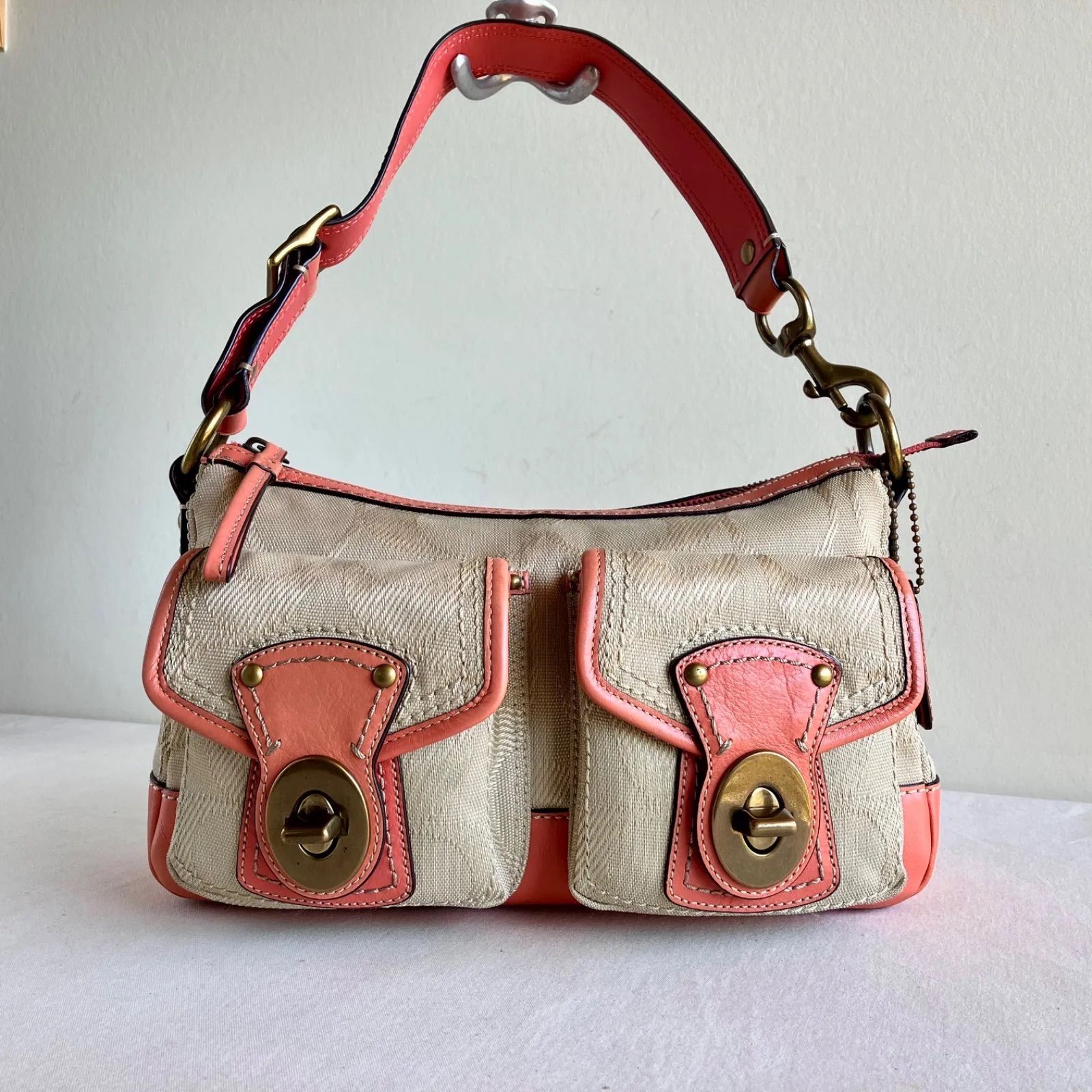 Coach y2k Legacy Pink Leather Canvas Double Turnlock Shoulder Bag