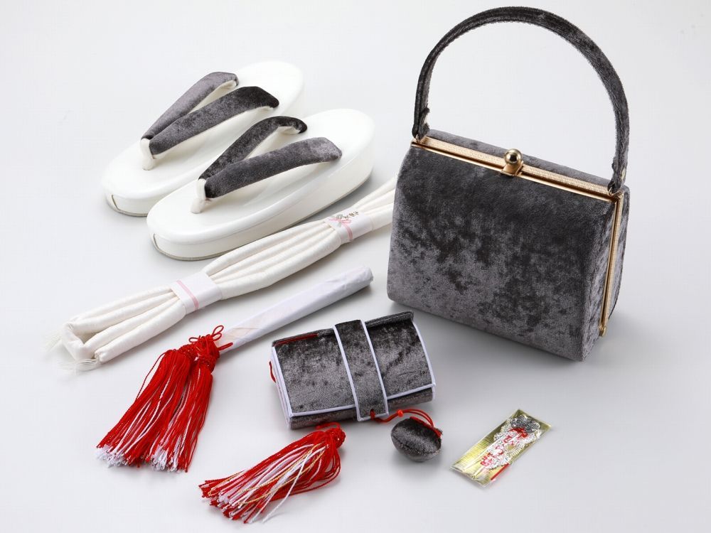 七五三 七歳用 箱せこセット 化粧箱入り 6点セット 草履21cm グレー ベルベット調 ho-191